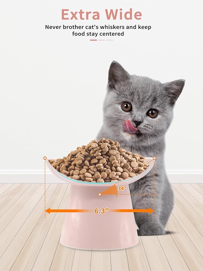 LoeJan Elevated Food and Water Bowls Set, Extra Wide and Raised Ceramic Feeder, Anti-Vomit Whisker-Free Pressure Feeding Bowl for Kittens Adult Cats Small Dogs (Pink, Food Bowl)