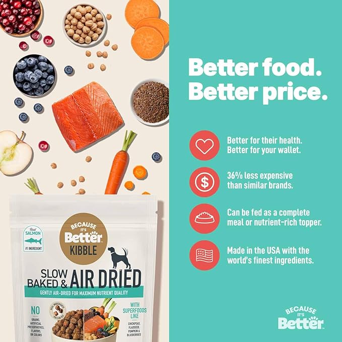 Because it's Better Slow Baked and Air Dried Dog Food, Real Salmon and Veggies, 3lb Bag, Complete and Balanced Dry Dog Food, for All Life Stages
