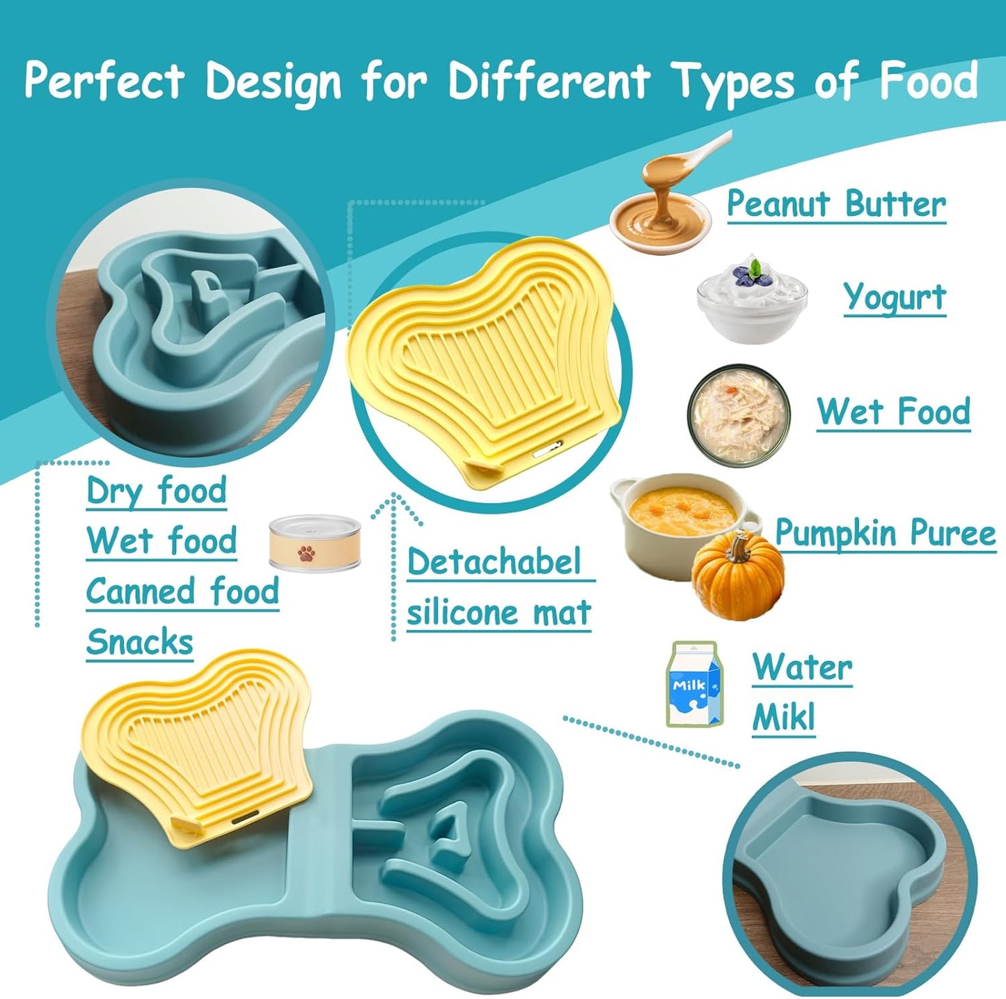 Bone Slow Feeder Bowl for Dogs Cats - 2-in-1 Lick Mat & Water Dish with 6 Non-Slip Pads, Food-Grade PP & Silicone Pet Bowl for Anti-Choking，Fun Feeding，Anxiety Relief (Wathet Blue)