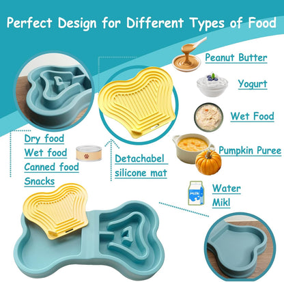 Bone Slow Feeder Bowl for Dogs Cats - 2-in-1 Lick Mat & Water Dish with 6 Non-Slip Pads, Food-Grade PP & Silicone Pet Bowl for Anti-Choking，Fun Feeding，Anxiety Relief (Wathet Blue)