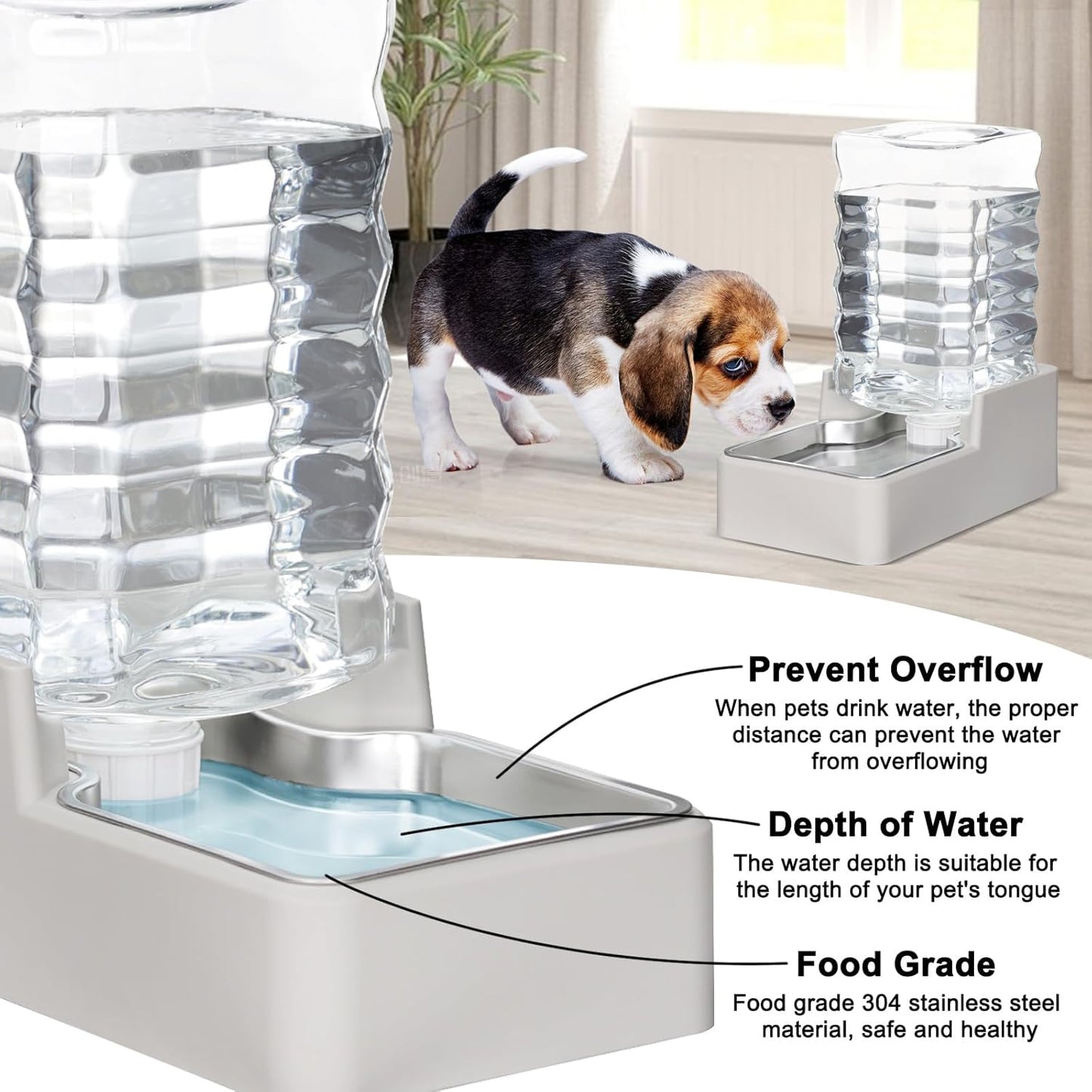 RIZZARI Stainless Steel Pet Water Feeder: 7.5L Beige Automatic Leak-Proof Gravity Dispenser for 20-35 LB Dogs with Arthritis - Without Filter - Ideal for Living Room Kitchen