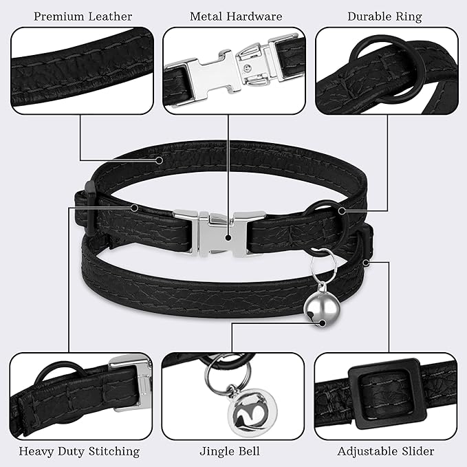 Leather Cat Collar with Buckle and Removable Bell - Non Breakaway Adjustable Soft Safety Small Pet Collars for Girl Boy Cats Kitten (Black)