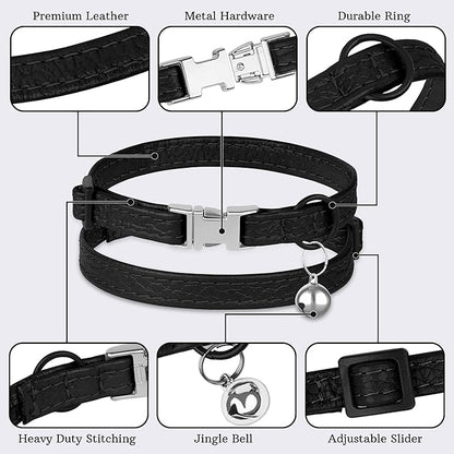 Leather Cat Collar with Buckle and Removable Bell - Non Breakaway Adjustable Soft Safety Small Pet Collars for Girl Boy Cats Kitten (Black)
