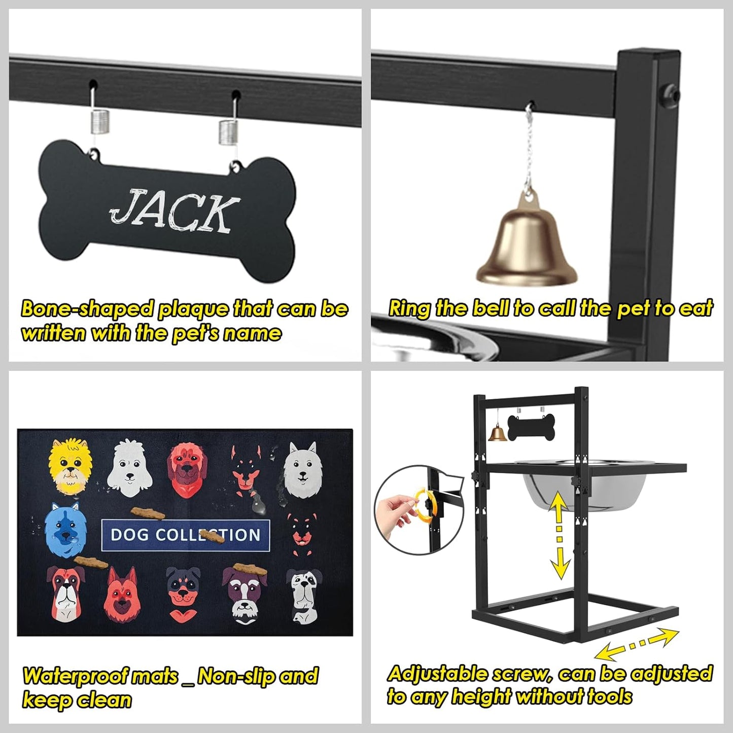 1.6Gallon Elevated Dog Water Bowl for Large Dogs, Height Adjustable (10-17.8in) Raised Stainless Steel Bowl with Spill-Proof Mat & Sturdy Metal Stand, Easy-Clean Feeder for Indoor/Outdoor Use