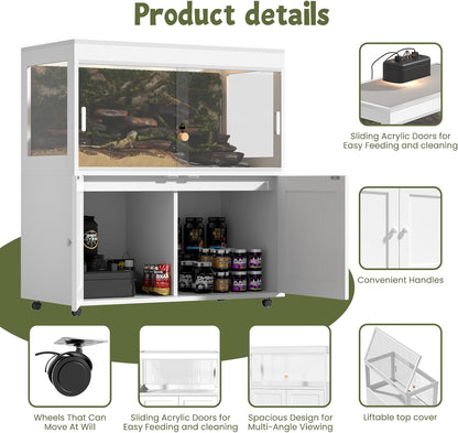Large 60 Gallon Reptile Terrarium with Storage Cabinet and Sliding Door Handle, Reptile Tank with Wheels & Metal Mesh Roof Door – Ideal Habitat Enclosure for Snakes, Lizards, and Geckos