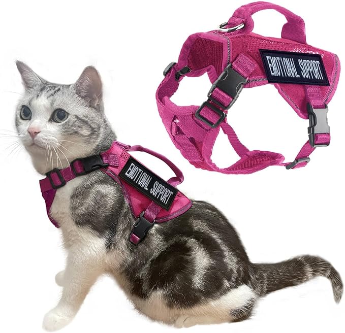 Tactical Cat Harness Adjustable Soft Padded Training Walking Esacpe Cat Vest Harness No-Pull Pet Harness Reflective with Easy Control Handle (Pink, XL)