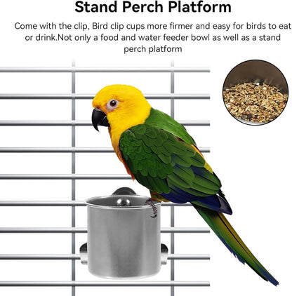 Stainless Steel Bird Feeder Bowls, Feeding Cups Water Bowl, Chinchilla Food Bowl, Dishes for Cage Chinchilla with Clip and Parrots Cage Stand Stainless Bird Cups(Single)