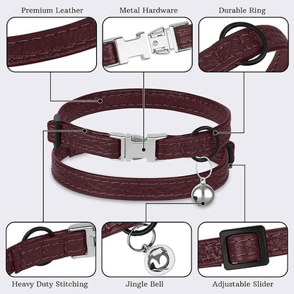 Leather Cat Collar with Buckle and Removable Bell - Non Breakaway Adjustable Soft Safety Small Pet Collars for Girl Boy Cats Kitten (Burgundy)