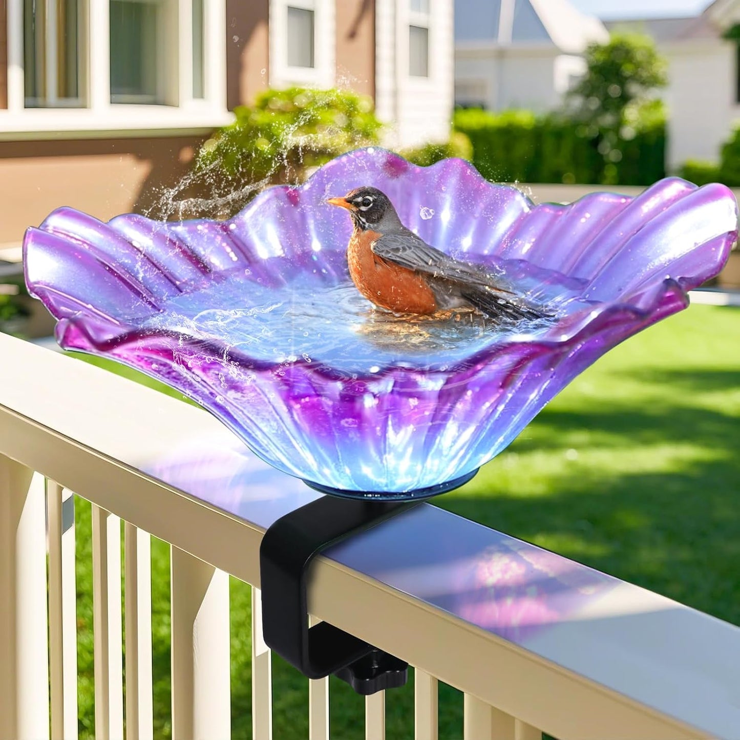 MUMTOP Deck Mounted Bird Baths for Outdoors, Glass Bird Baths Bowl with Adjustable Sturdy Steel Fence Clamp for Garden Patio Lawn Yard Deck Balcony Railing, Purple