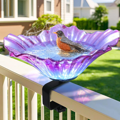 MUMTOP Deck Mounted Bird Baths for Outdoors, Glass Bird Baths Bowl with Adjustable Sturdy Steel Fence Clamp for Garden Patio Lawn Yard Deck Balcony Railing, Purple