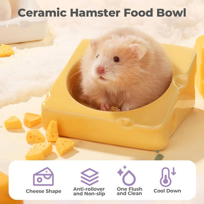 mini&moe Hamster Food Bowl - Ceramic Guinea Pig Bowl Chew-Proof Small Pet Anti-Turning Food & Water Feeding Dish for Rabbit, Gerbils, Mice, Rats, Chinchillas - 4.3in Cute Cheese-Shaped