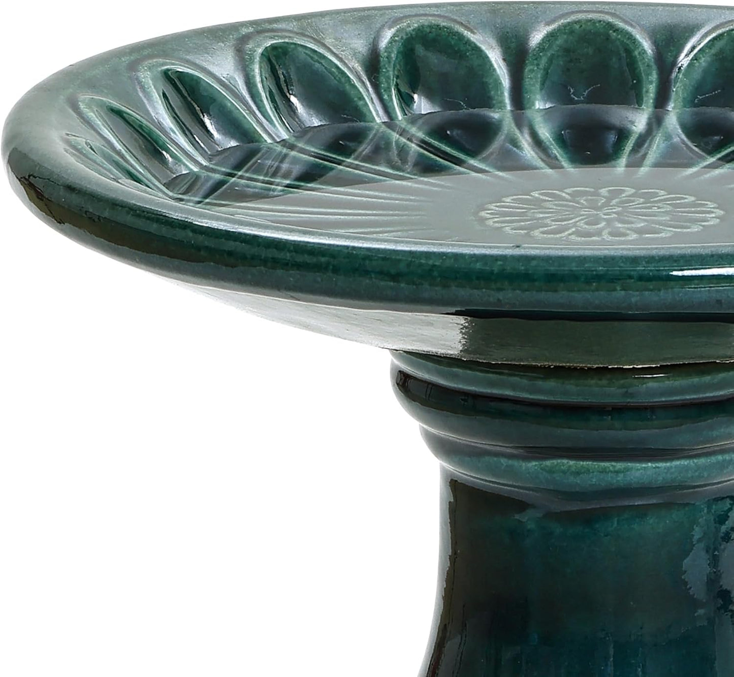 LuxenHome 22 Inch Ceramic Bird Bath for Outside, Elegant Tall Outdoor Bird Bath, Lightweight Pedestal Glazed Birdbaths for Outdoors with Floral Pattern, Dark Green