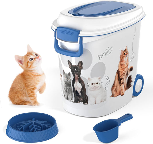 Pet Food Storage Container with Scoop & Slow Feeder Bowl – 40LB Large Capacity Dog Cat Food Dispenser, Durable Resin Dry Kibble Keep Food Fresh Organizer for Dogs Cats Birds, Blue