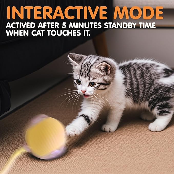 Rocfish Durable Interactive Cat Toys for Indoor Cats, Smart Automatic Cat Chase Ball Toy, Upgraded Speedy Tail Kitten Toy for Bored Indoor Adult Pets (Yellow)