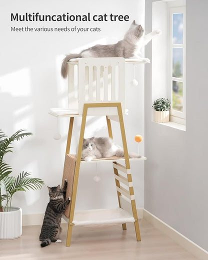 FourFurPets Modern Cat Tree, 58-Inch Cat Tower for Large Cats, Maine Coon Cat Tree with Scratching Board, Large Perch, Hammock and Removable Pads, White