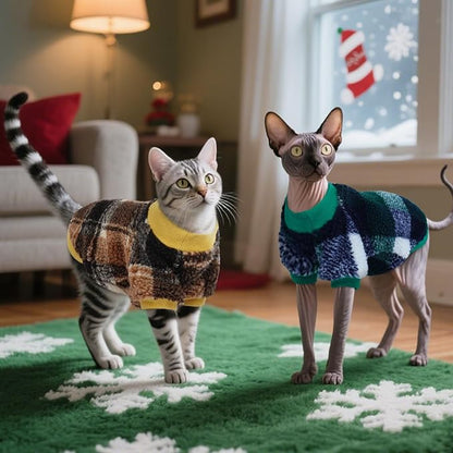 DENTRUN Cat Sweater Winter Clothes - Plush Fleece Coat with Cotton Lining, Anti-Static, Front Legs Kitten Pajamas, Stretch Ribbed Cuffs for Warmth, Cozy Christmas Outfit for Small Medium Large Cats