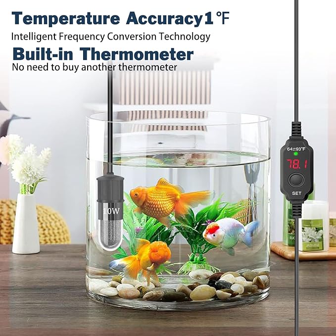 Adjustable Mini Aquarium Heater 0.5/1/2/3 Gallon Submersible Small Fish Tank Heater 10W/20W/30W Digital Display Thermostat External Temperature Controller (10W)