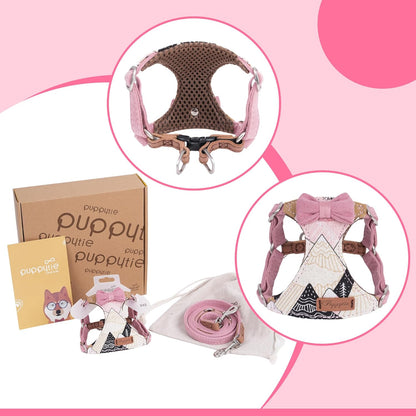 Puppytie No Pull xs Dog Harness with Multifunction Dog Leash,Soft Adjustable No Choke Escape Proof Pet Harness Vest,Suede Bow Pink,XXS