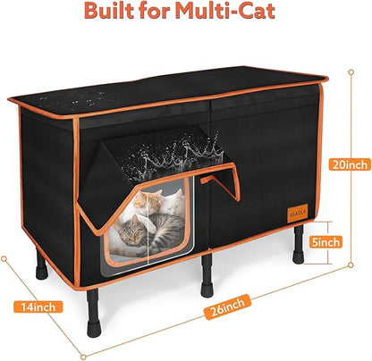 Heated Outdoor Cat House for Outside Winter 100% Waterproof Oxford Tarpaulin with Safe Escape Door and 5" Elevated Base with Heater for Feral Barn Cat Kitty (26“x20”x14“)
