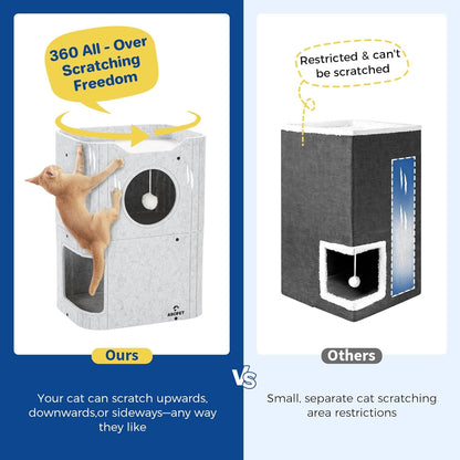 Cat House for Indoor Cats Large Cat Bed Cave 2-Storey Cats Condo with Cozy Felt Covered Hideaway for Multiple Pets Light Gray