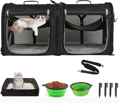 Portable 2-in-1 Pet Carrier for Medium Dogs Large Cat Carrier for 2 Cats Travel Double Dog Crate Set with Portable Carry Bag/Hammocks/Mats/Tent Stakes/2 Pcs Pet Bowls for Outdoor Camping