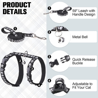 BEAUTYZOO Cat Harness and Leash Set Escape Proof for Walking, Kitten Soft Adjustable Vest Harnesses for Small Medium Large Cats, Easy Control Breathable Plaid Ribbon Nylon for Outdoor Indoor Use