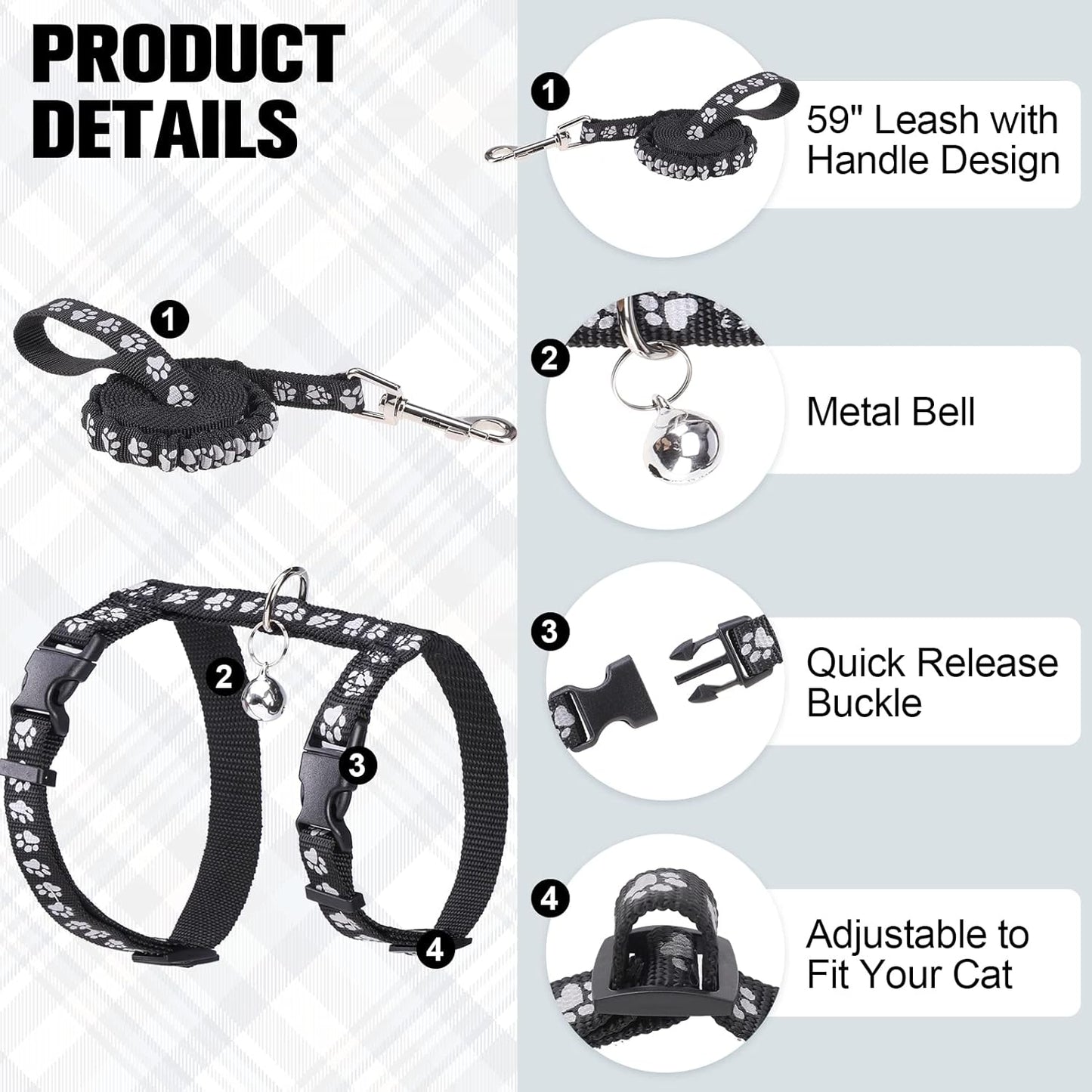 BEAUTYZOO Cat Harness and Leash Set Escape Proof for Walking, Kitten Soft Adjustable Vest Harnesses for Small Medium Large Cats, Easy Control Breathable Plaid Ribbon Nylon for Outdoor Indoor Use