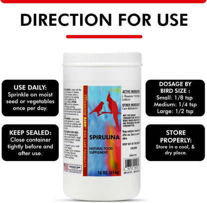 Morning Bird Spirulina, Supplement for Caged Birds, Organic Bird Food Supplement with Vitamins, Proteins, and Amino Acids for Parakeets, Cockatiels, Budgies, Finches, Canaries, and Parrots, 16 oz