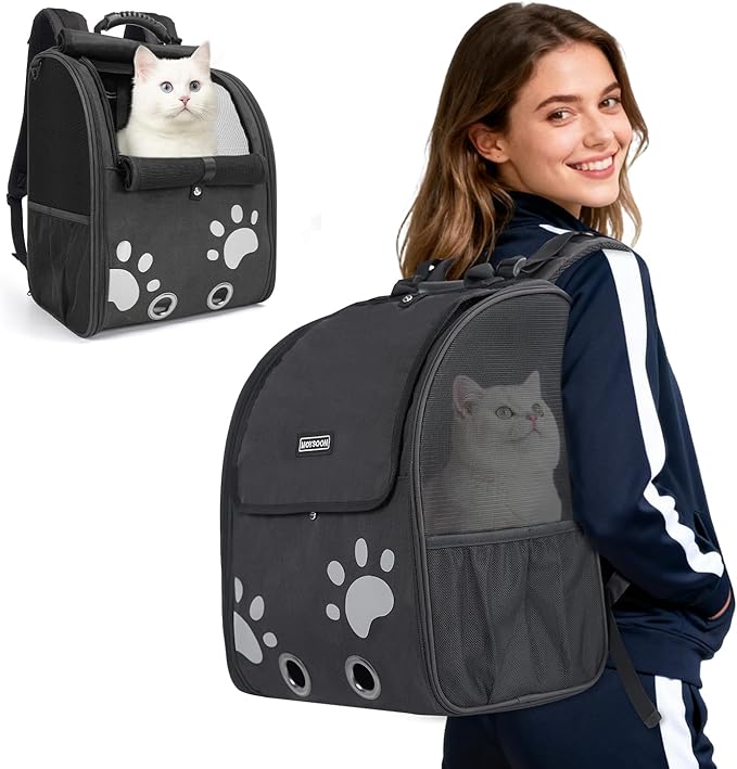 Cat Backpack Carrier with Comfort Handle, Ventilated Cat Backpack with Reflective Strips, Foldable Cat Carrying Backpack for Cats up to 17 lbs and Small Dogs up to 13 lbs(Black).