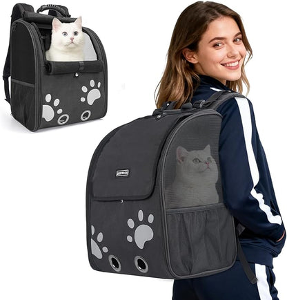 Cat Backpack Carrier with Comfort Handle, Ventilated Cat Backpack with Reflective Strips, Foldable Cat Carrying Backpack for Cats up to 17 lbs and Small Dogs up to 13 lbs(Black).