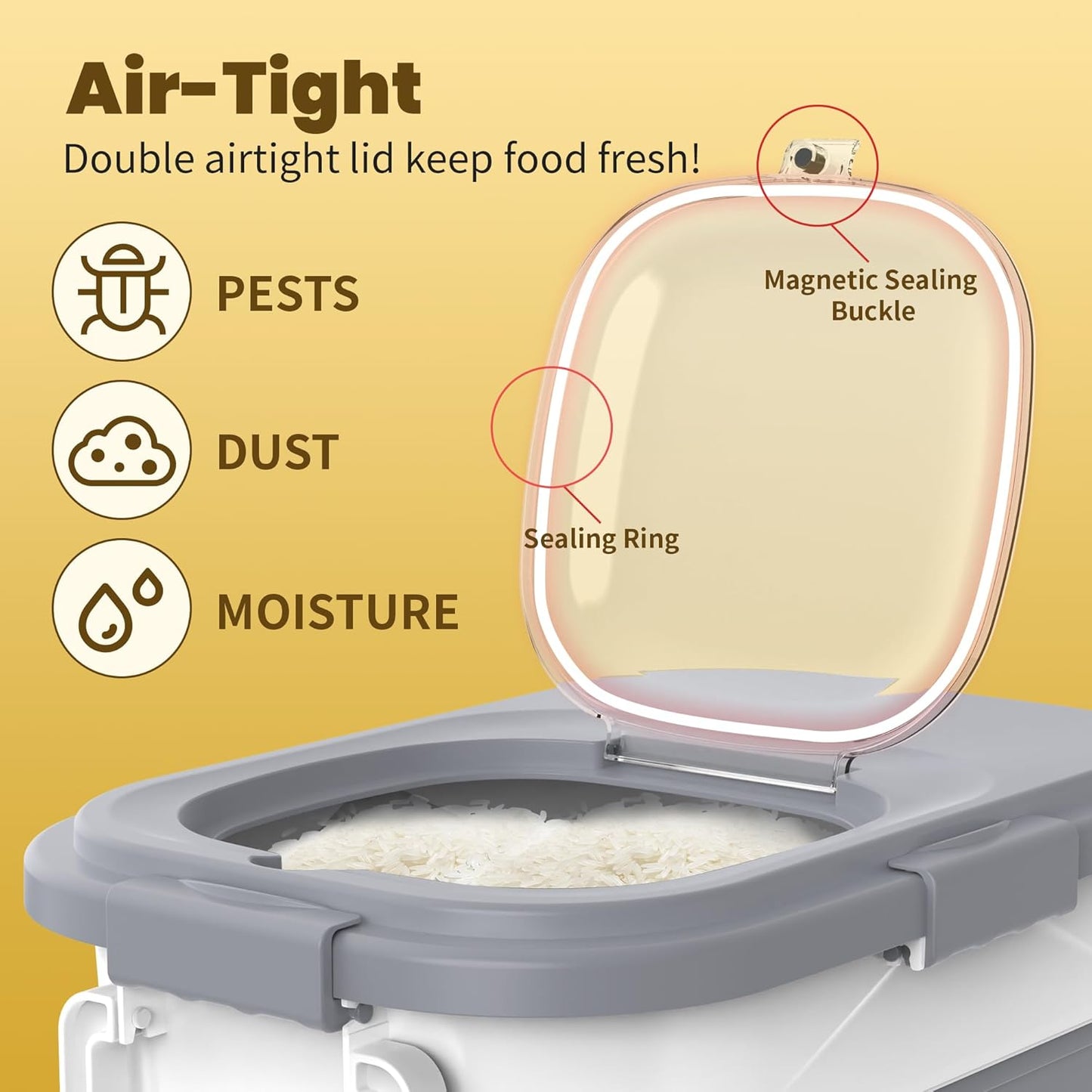 HOYTAMDA 25-35Lbs Rice Container,Collapsible Airtight Food Storage Containers with Wheels,Handle,Rice Storage Container with Small Bin and Scoop,Rice Dispenser for Flour Sugar Cereal Grain Dog Cat