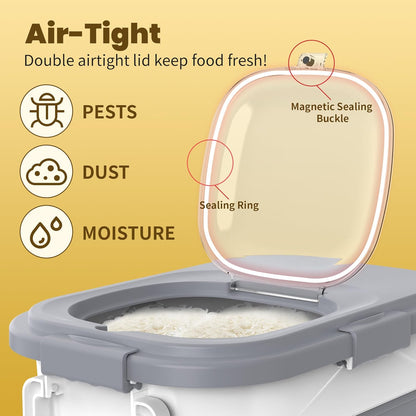 HOYTAMDA 25-35Lbs Rice Container,Collapsible Airtight Food Storage Containers with Wheels,Handle,Rice Storage Container with Small Bin and Scoop,Rice Dispenser for Flour Sugar Cereal Grain Dog Cat