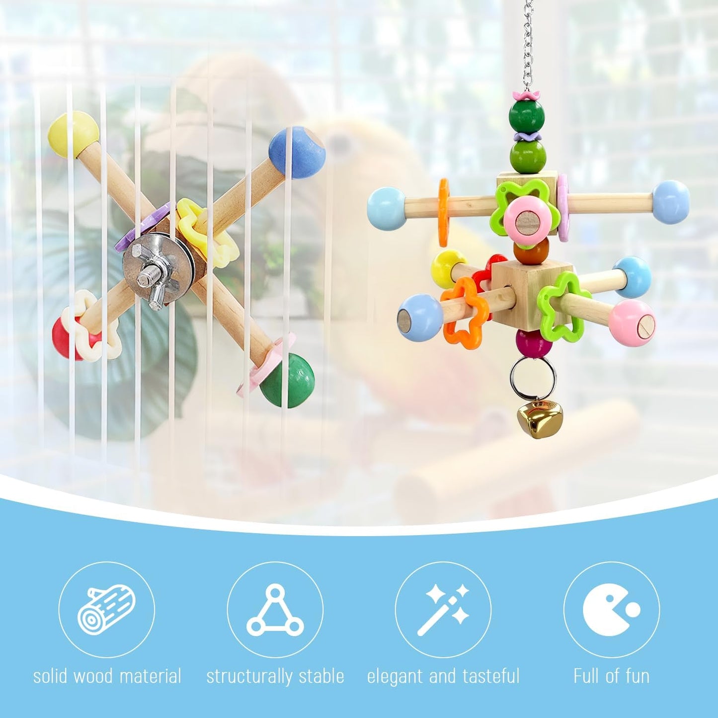 2 Pcs Parakeet Toys, Natural Wood Spinner with Bells, Hanging Cage Accessories for Small Medium Birds to Relieve Boredom and Anxiety