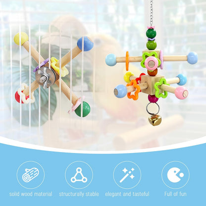 2 Pcs Parakeet Toys, Natural Wood Spinner with Bells, Hanging Cage Accessories for Small Medium Birds to Relieve Boredom and Anxiety