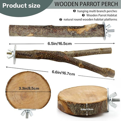 Natural Wood Bird Perches for Cage, Parrot Perch Stand & Platform, Bird Cage Accessories for Parakeets, Cockatiels, Conures, Lovebirds (Brown, Core Perch & Platform - 8PCS)