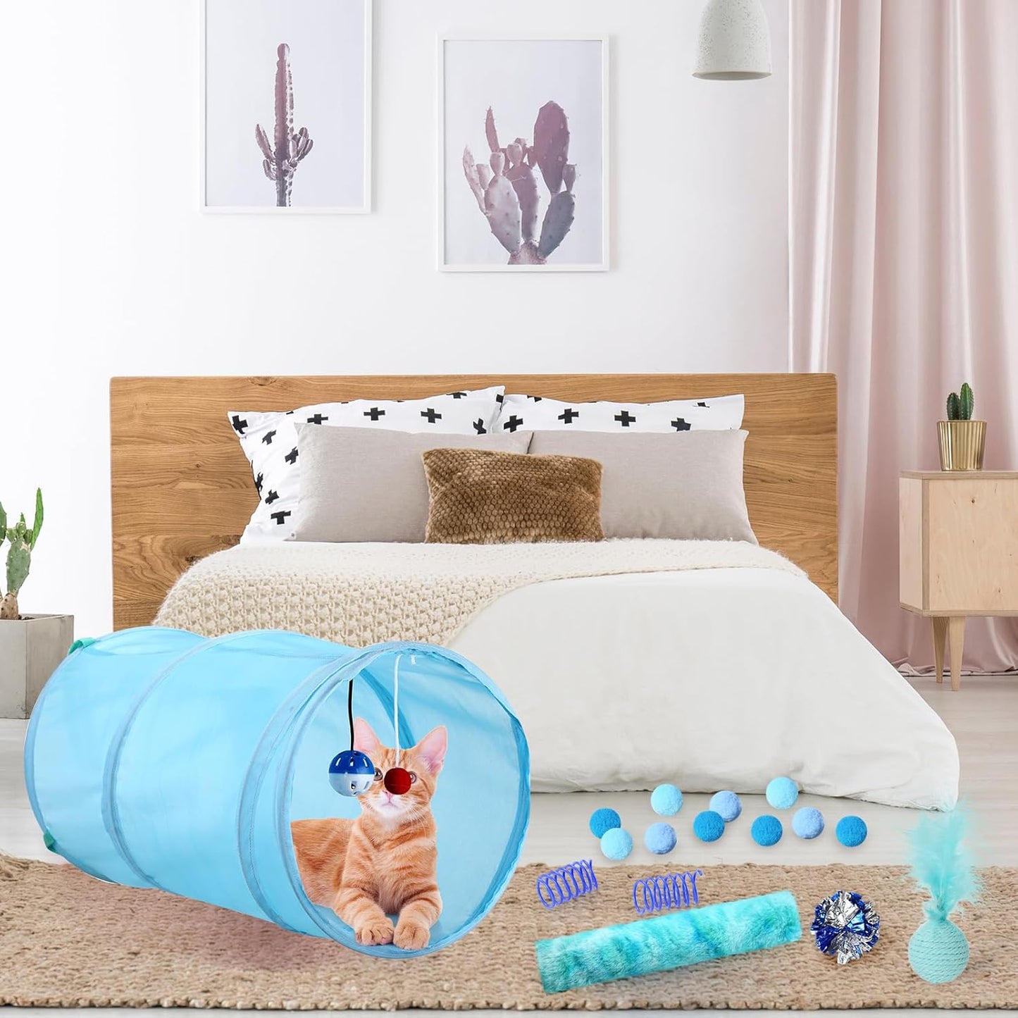 24 Pcs Cat Toys Set Interactive Kitten Toys Pack Including Collapsible Play Tunnel Feather Teaser Wand Fuzzy Ball Springs Pillow Mouse Bells for Indoor Cats Puppy (Blue)