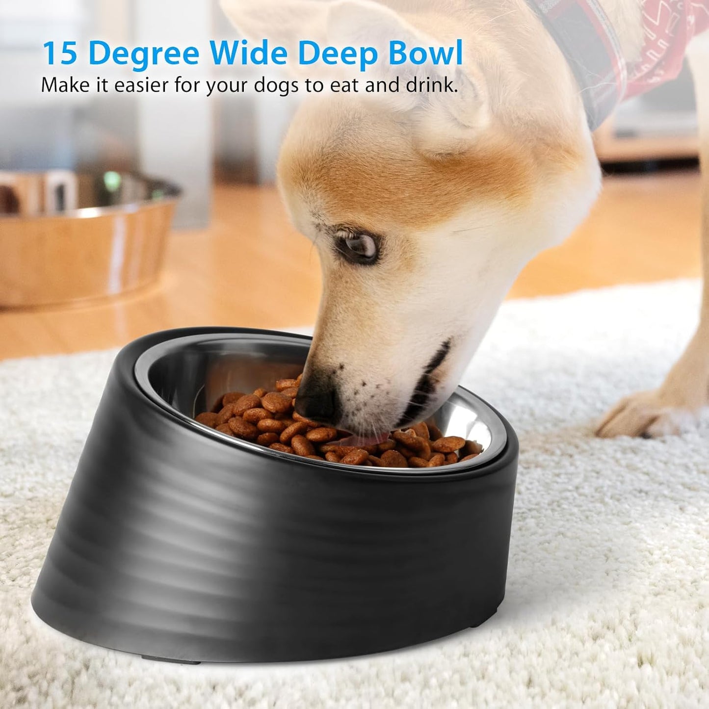 Tilted Angle Dog Bowl, 15° Slanted Stainless Steel Dog Cat Food Bowl, Non-Slip & Non-Spill Pet Feeder with Elevated Detachable Melamine Stand, Easy to Get Food Dish, Large 2 Cup Black