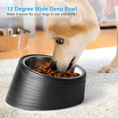 Tilted Angle Dog Bowl, 15° Slanted Stainless Steel Dog Cat Food Bowl, Non-Slip & Non-Spill Pet Feeder with Elevated Detachable Melamine Stand, Easy to Get Food Dish, Large 2 Cup Black
