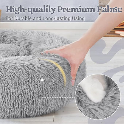 rabbitgoo Calming Dog Bed for Small Medium, 30 inches Pet Bed Machine Washable, Non-Slip Round Fluffy Plush Faux Fur Large Cat Cushion, Soft Donut Cuddler Cushion for Small Dogs, Light Grey