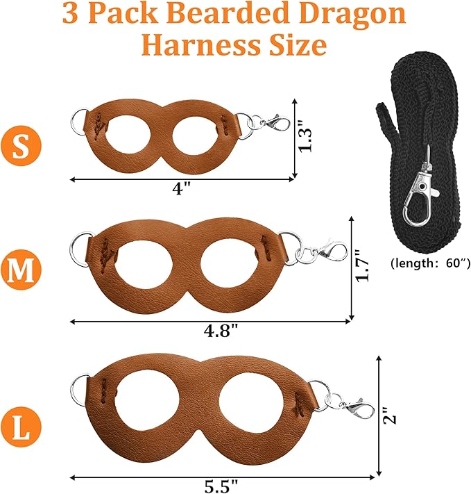 Bearded Dragon Harness and Leash Set, 3-Size Adjustable Soft Leather Reptile Leash for Training & Walking, Lizard Harness with Traction Rope, Walking Vest for Small Animal Outdoor (Brown)
