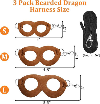 Bearded Dragon Harness and Leash Set, 3-Size Adjustable Soft Leather Reptile Leash for Training & Walking, Lizard Harness with Traction Rope, Walking Vest for Small Animal Outdoor (Brown)