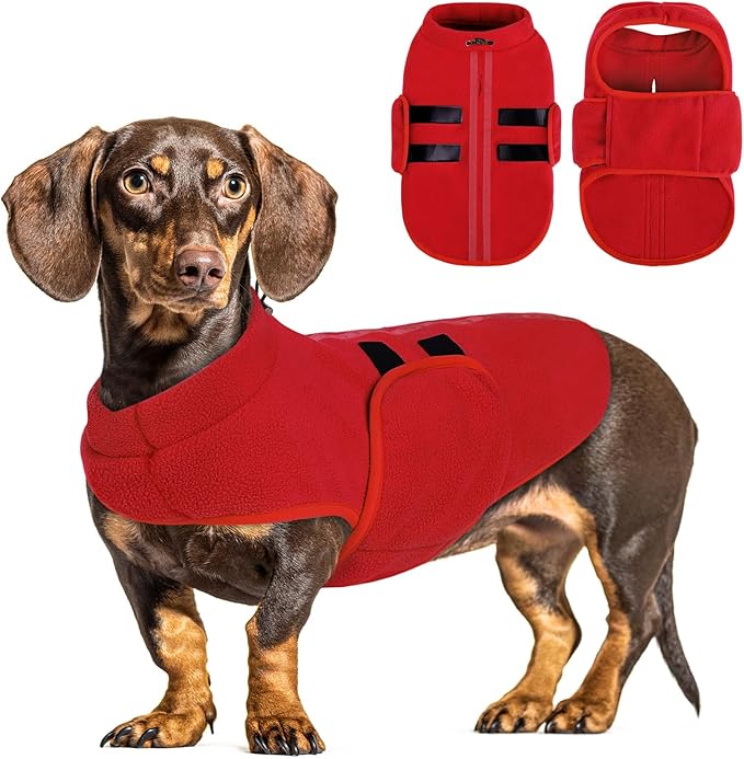 Queenmore Large Dog Sweater, Soft Fleece Vest Pullover Jacket With Leash Hole, Warm Winter Clothes for Cold Weather, Dachshund Sweater for Large Dogs Cats Boy or Girl (Red, L)