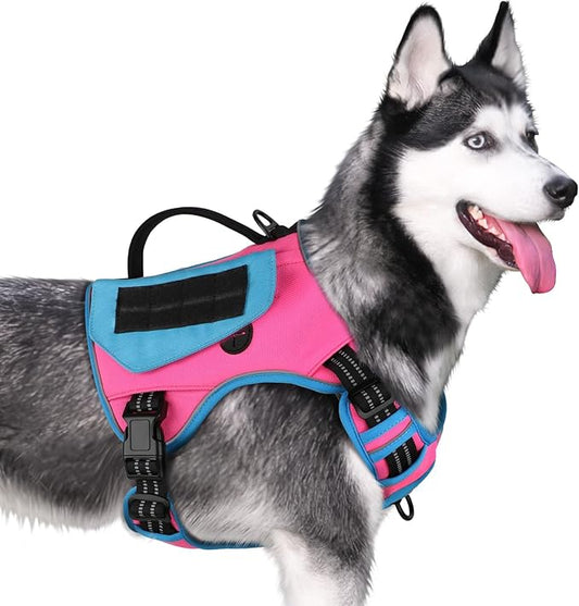 WINGOIN Tactical Dog Harness for Small Dogs, No Pull Harness with Handle Pockets Poop Bag, Reflective Dog Vest, Military Service Heavy Duty Big Dog Harness for Walking Hiking Training (Pink Blue, S)