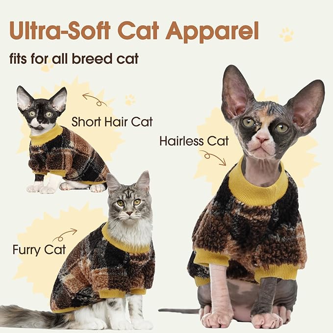 DENTRUN Cat Sweater Winter Clothes - Plush Fleece Coat with Cotton Lining, Anti-Static, Front Legs Kitten Pajamas, Stretch Ribbed Cuffs for Warmth, Cozy Christmas Outfit for Small Medium Large Cats