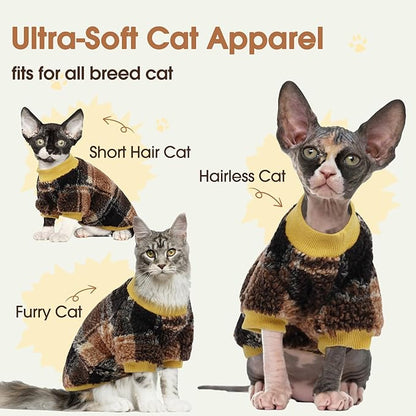 DENTRUN Cat Sweater Winter Clothes - Plush Fleece Coat with Cotton Lining, Anti-Static, Front Legs Kitten Pajamas, Stretch Ribbed Cuffs for Warmth, Cozy Christmas Outfit for Small Medium Large Cats