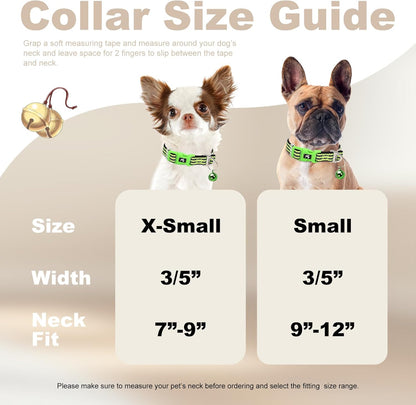Small Dog Collar with Bell Reflective - Adjustable Tiny XS XXS Breed Collar for Girl Boy Chihuahua Puppies, Night Walk Safety Accessory（Green S）