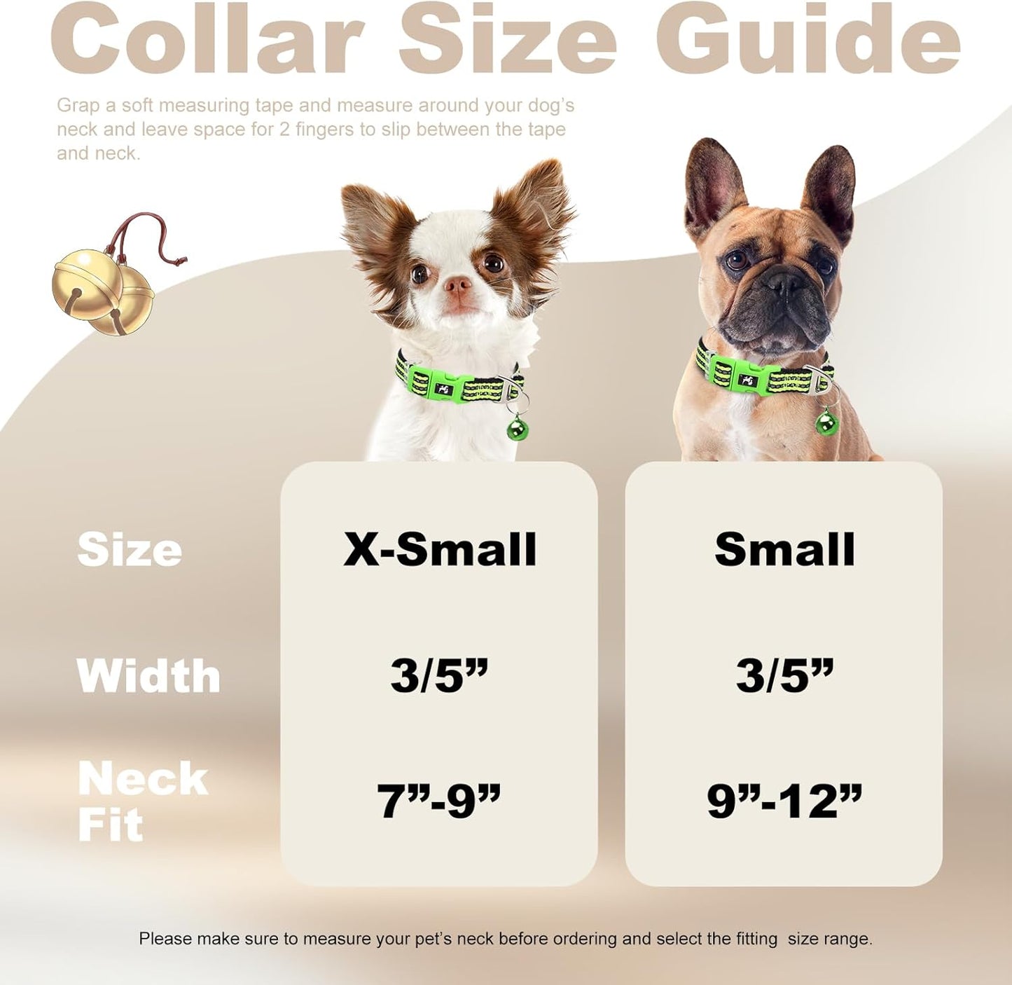 XXS-XS Dog Collar with Bell Reflective - Adjustable Tiny Small Breed Collar for Girl Boy Chihuahua Puppies, Night Walk Safety Accessory（Green XS）