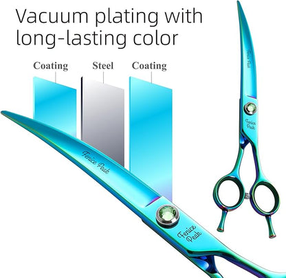 Fenice Peak 7.5'' Green Curved Dog Grooming Scissors Pet Shears with Ergonomic Offest Handle and Simulated Emerald Screw 440C Grooming Scissors Trimming Shears Durable and Sharp