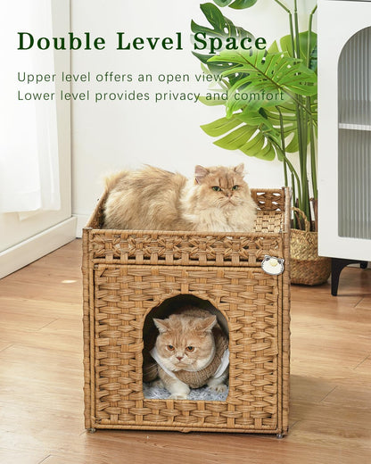 Cat Beds for Indoor Cats Extra Large Double Cat Cave Pet Cube, Handwoven Rattan Cat Houses with Double-Sided Soft Cushions, 18.5 x 20.5 x 19.1 Inches Foldable Hideaway in Living Room Natural