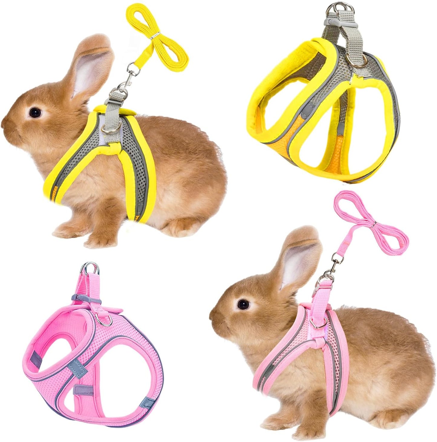 2 Pack Rabbit Harness and Leash Set, Double Buckle Bunny Harness with Reflective Strips Soft Breathable Mesh Vest Harness for Rabbits Walks Accessories(Pink and Yellow)